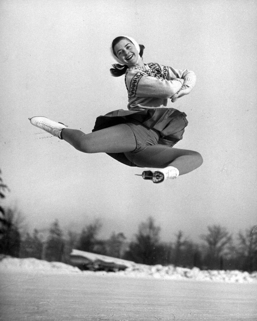 Miss Scott hurtles high into air in a flawless execution of difficult figure called a stag jump.