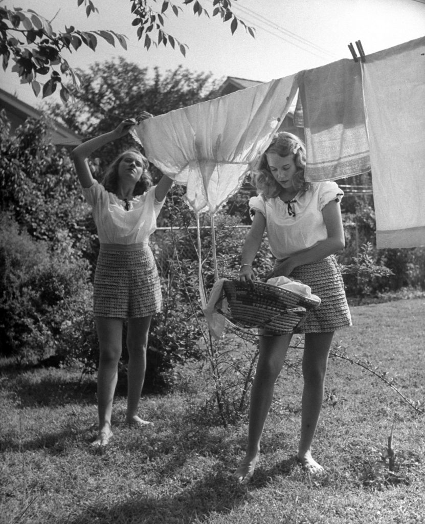 Chores are receiving new respect, for 1947 teen-agers think of marriage much more seriously than their wartime equivalents did. Note the frilliness of Betty's shorts.